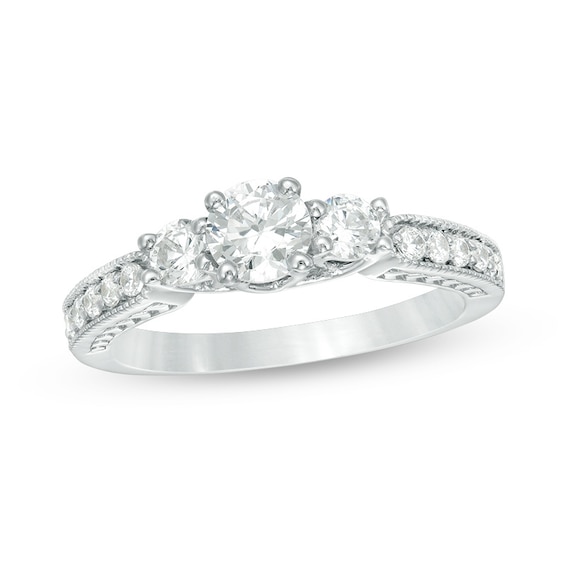 Previously Owned - 3/4 CT. T.w. Diamond Three Stone Vintage-Style Engagement Ring in 10K White Gold