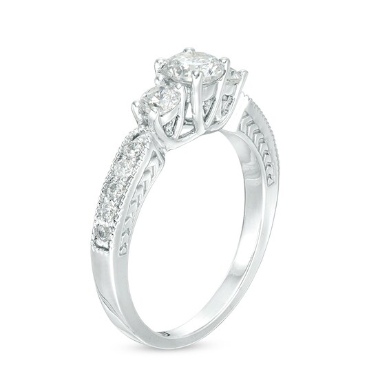 Previously Owned - 3/4 CT. T.w. Diamond Three Stone Vintage-Style Engagement Ring in 10K White Gold