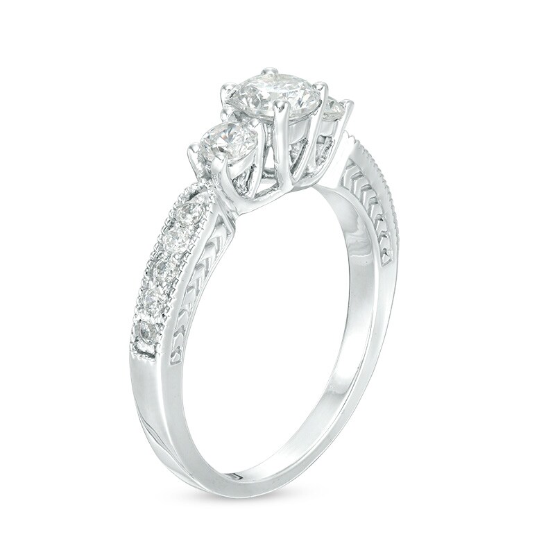 Main Image 2 of Previously Owned - 3/4 CT. T.W. Diamond Three Stone Vintage-Style Engagement Ring in 10K White Gold