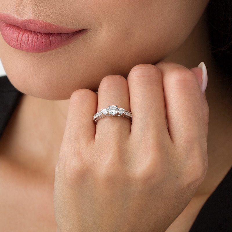 Main Image 3 of Previously Owned - 3/4 CT. T.W. Diamond Three Stone Vintage-Style Engagement Ring in 10K White Gold