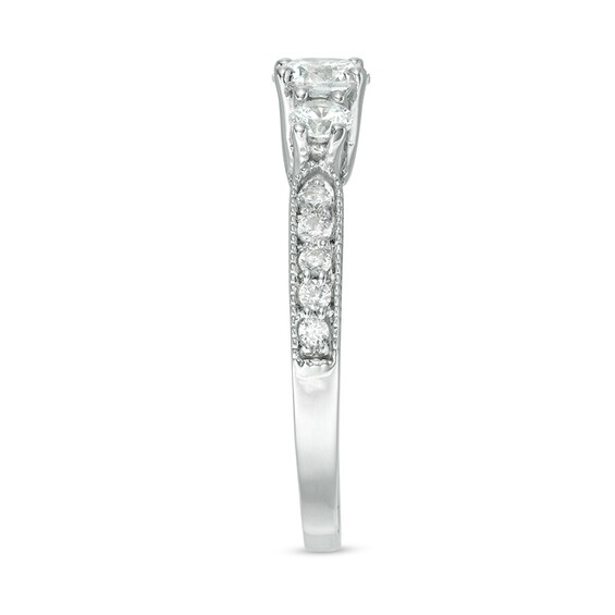 Previously Owned - 3/4 CT. T.w. Diamond Three Stone Vintage-Style Engagement Ring in 10K White Gold