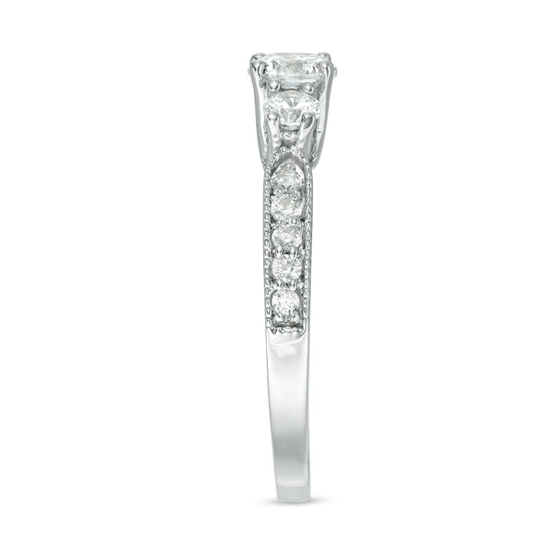 Main Image 4 of Previously Owned - 3/4 CT. T.W. Diamond Three Stone Vintage-Style Engagement Ring in 10K White Gold