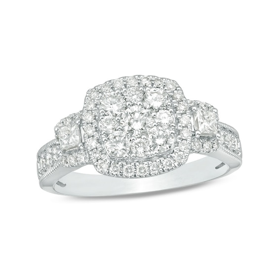 Previously Owned - 1 CT. T.w. Composite Diamond Cushion Frame Three Stone Engagement Ring in 14K White Gold