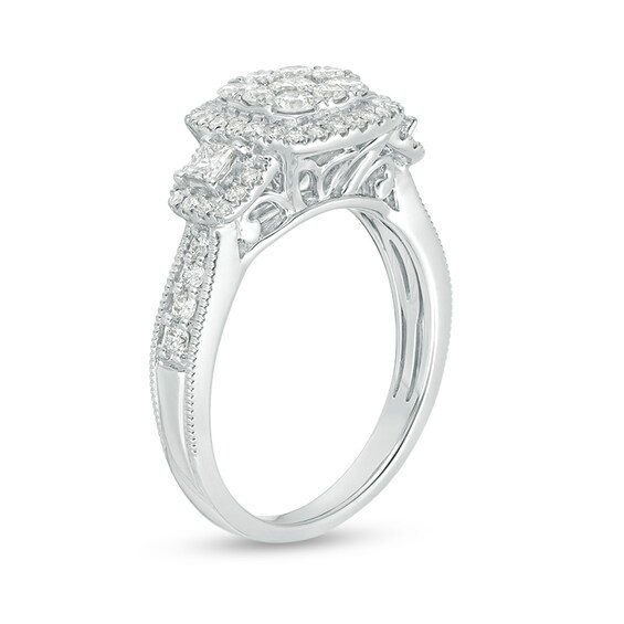 Previously Owned - 1 CT. T.w. Composite Diamond Cushion Frame Three Stone Engagement Ring in 14K White Gold