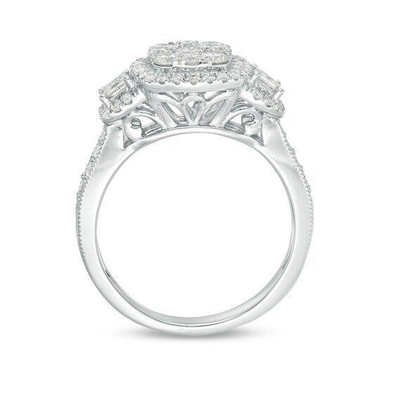 Previously Owned - 1 CT. T.w. Composite Diamond Cushion Frame Three Stone Engagement Ring in 14K White Gold