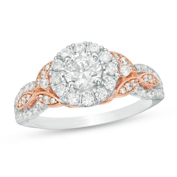 Previously Owned - 1 CT. T.w. Diamond Frame Leaf-Sides Vintage-Style Engagement Ring in 14K Two-Tone Gold