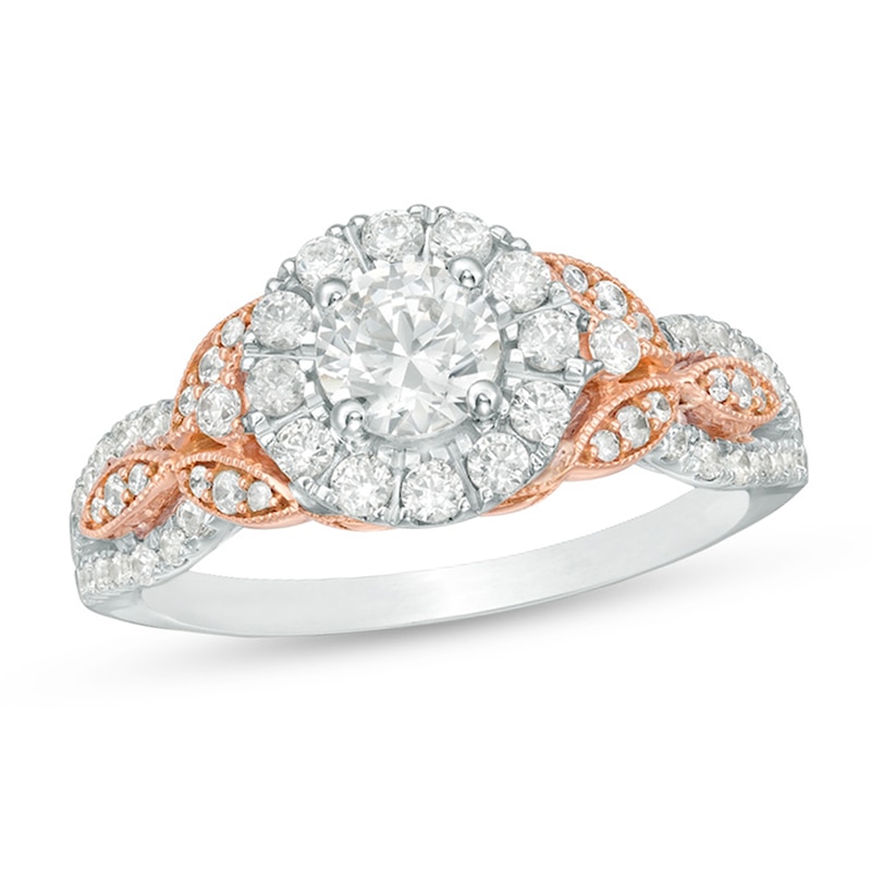 Main Image 1 of Previously Owned - 1 CT. T.W. Diamond Frame Leaf-Sides Vintage-Style Engagement Ring in 14K Two-Tone Gold