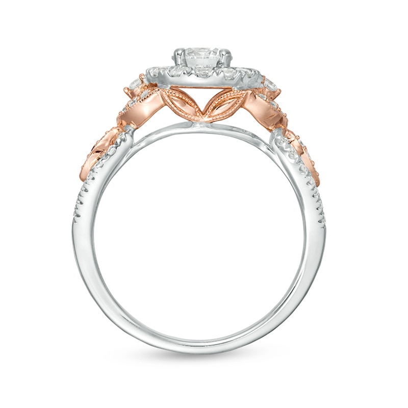 Main Image 5 of Previously Owned - 1 CT. T.W. Diamond Frame Leaf-Sides Vintage-Style Engagement Ring in 14K Two-Tone Gold