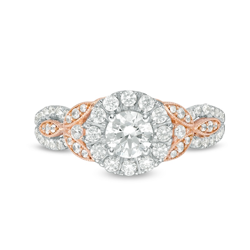 Main Image 6 of Previously Owned - 1 CT. T.W. Diamond Frame Leaf-Sides Vintage-Style Engagement Ring in 14K Two-Tone Gold