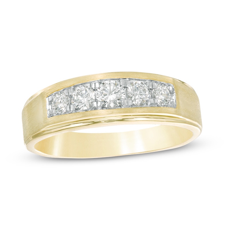Main Image 1 of Previously Owned - Men's 1/2 CT. T.W. Diamond Five Stone Beveled-Edge Satin Wedding Band in 10K Gold