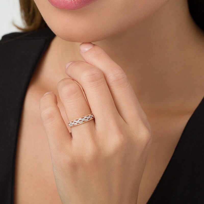 Main Image 3 of Previously Owned - 1/15 CT. T.W. Diamond Open Twist Vintage-Style Anniversary Band in 10K Rose Gold