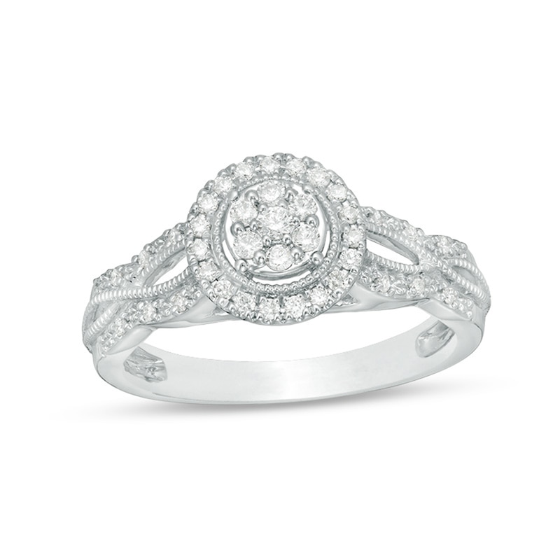 Previously Owned - 1/4 CT. T.W. Composite Diamond Frame Twist Shank Vintage-Style Engagement Ring in 10K White Gold