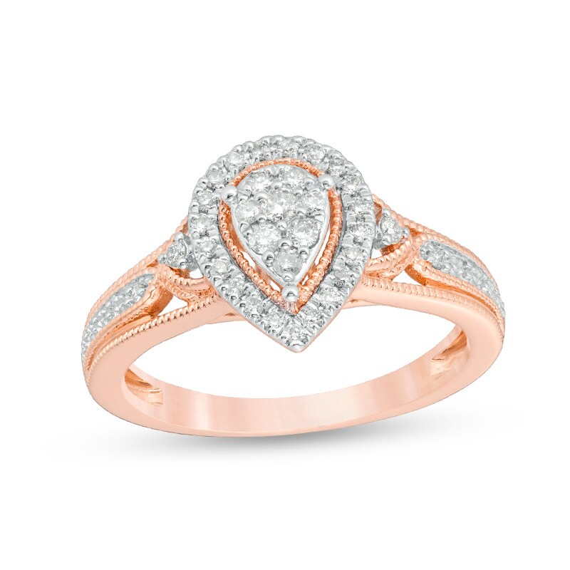 Main Image 1 of Previously Owned - 1/4 CT. T.W. Composite Diamond Pear-Shaped Frame Vintage-Style Engagement Ring in 10K Rose Gold