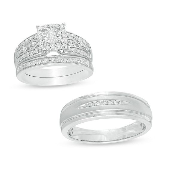 Previously Owned - 3/8 CT. T.w. Diamond Wedding Ensemble in 10K White Gold - Size 7 and 10