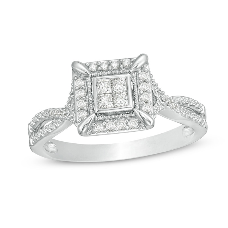 Previously Owned - 1/4 CT. T.W. Quad Princess-Cut Diamond Frame Vintage-Style Engagement Ring in 10K White Gold