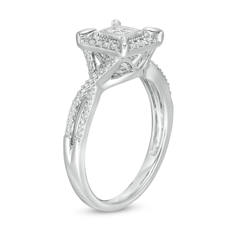 Previously Owned - 1/4 CT. T.W. Quad Princess-Cut Diamond Frame Vintage-Style Engagement Ring in 10K White Gold