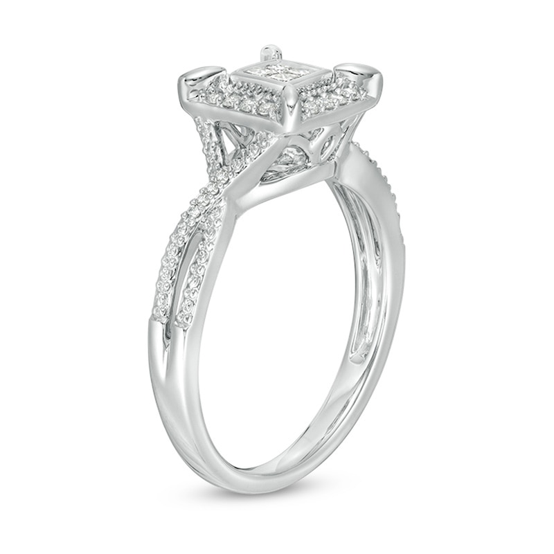 Main Image 2 of Previously Owned - 1/4 CT. T.W. Quad Princess-Cut Diamond Frame Vintage-Style Engagement Ring in 10K White Gold