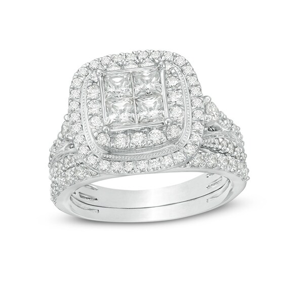 Previously Owned - 2 CT. T.w. Quad Princess-Cut Diamond Double Frame Vintage-Style Bridal Set in 14K White Gold