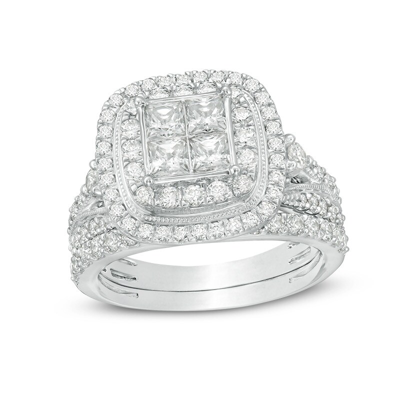 Main Image 1 of Previously Owned - 2 CT. T.W. Quad Princess-Cut Diamond Double Frame Vintage-Style Bridal Set in 14K White Gold