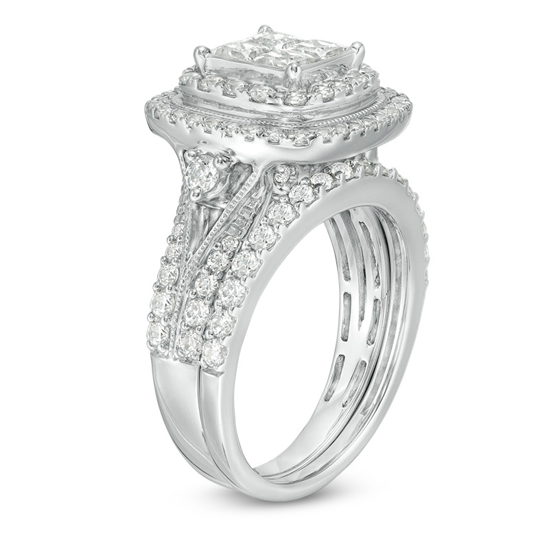 Main Image 2 of Previously Owned - 2 CT. T.W. Quad Princess-Cut Diamond Double Frame Vintage-Style Bridal Set in 14K White Gold