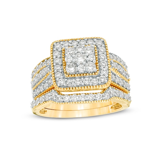 Previously Owned 1-1/4 CT. T.w. Composite Diamond Square Frame Vintage-Style Multi-Row Soldered Bridal Set in 10K Gold