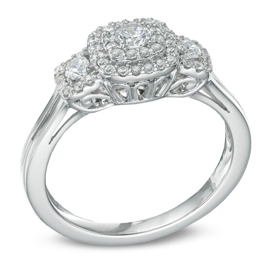 Previously Owned - 1/2 CT. T.w. Diamond Double Frame Three Stone Ring in 10K White Gold