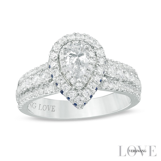 Previously Owned - Vera Wang Love Collection 1 CT. T.w. Diamond and Sapphire Frame Engagement Ring in 14K White Gold