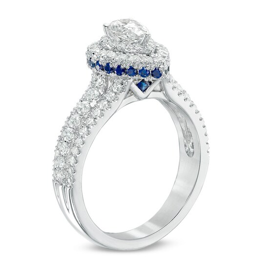 Previously Owned - Vera Wang Love Collection 1 CT. T.w. Diamond and Sapphire Frame Engagement Ring in 14K White Gold