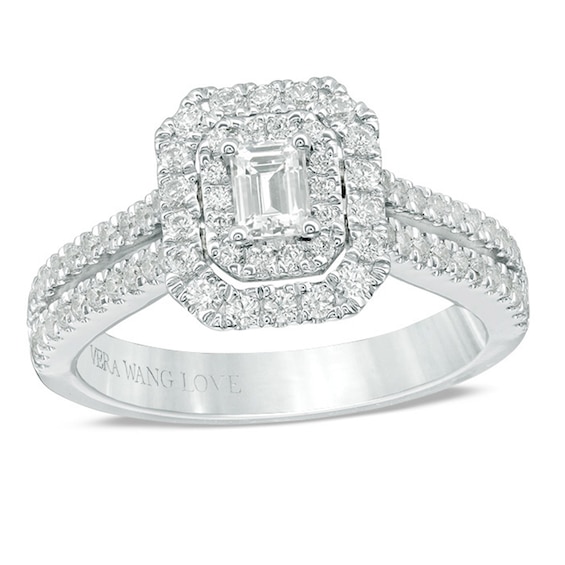 Previously Owned - Vera Wang Love Collection 1 CT. T.w. Emerald-Cut Diamond Frame Engagement Ring in 14K White Gold