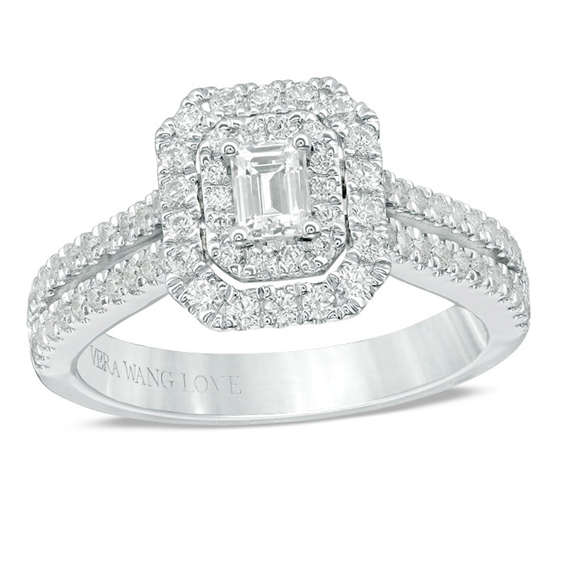 Main Image 1 of Previously Owned - Vera Wang Love Collection 1 CT. T.W. Emerald-Cut Diamond Frame Engagement Ring in 14K White Gold