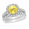 Thumbnail Image 1 of Previously Owned - Cushion-Cut Yellow Sapphire and 1-1/2 CT. T.W. Diamond Bridal Set in 14K White Gold