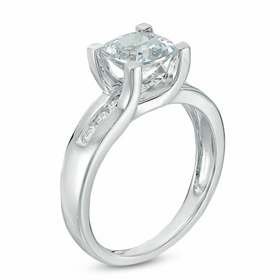 Previously Owned - 7.0mm Cushion-Cut Aquamarine and 1/5 CT. T.w. Diamond Ring in 10K White Gold