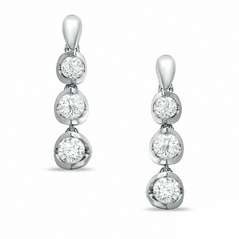 Main Image 1 of Previously Owned - 1 CT. T.W. Diamond Three Stone Drop Earrings in 14K White Gold (I/I2)