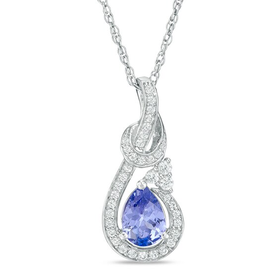 Previously Owned - Pear-Shaped Tanzanite and Lab-Created White Sapphire Frame Knot Pendant in Sterling Silver