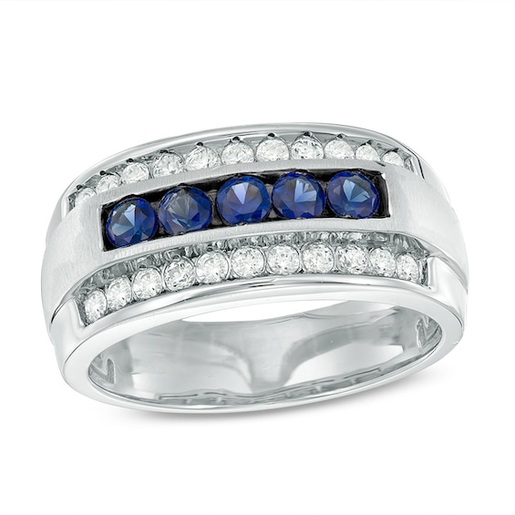 Previously Owned - Blue Sapphire and 1/4 CT. T.w. Diamond Multi-Row Ring in 10K White Gold