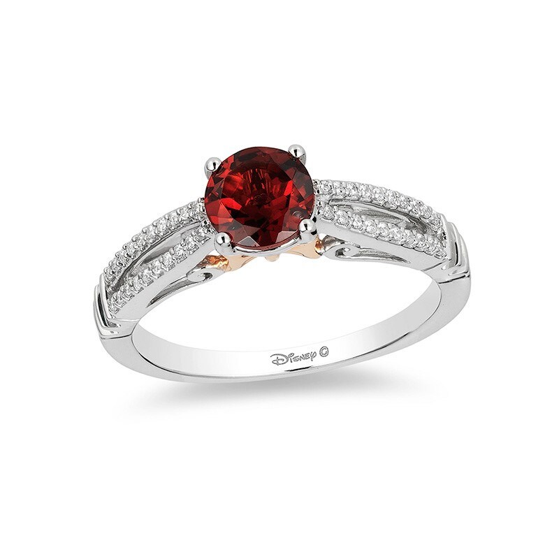 Main Image 1 of Previously Owned - Enchanted Disney Snow White 6.0mm Garnet and 0.084 CT. T.W. Diamond Ring in 10K Two-Tone Gold