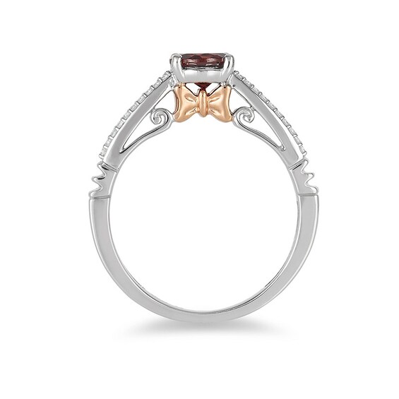 Previously Owned - Enchanted Disney Snow White 6.0mm Garnet and 0.084 CT. T.w. Diamond Ring in 10K Two-Tone Gold
