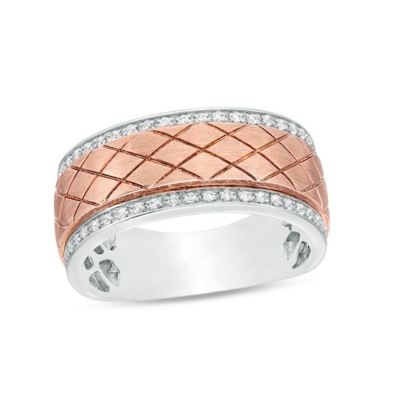 Previously Owned - 1/4 CT. T.w. Diamond Diagonal Grid Pattern Wedding Band in 10K Two-Tone Gold
