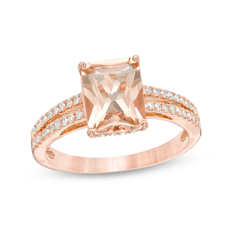 Main Image 1 of Previously Owned - Emerald-Cut Morganite and 1/4 CT. T.W. Diamond Double Row Ring in 14K Rose Gold