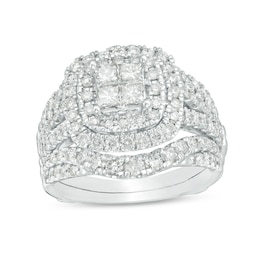 Previously Owned - 2 CT. T.W. Quad Princess-Cut Diamond Double Frame Bridal Set in 14K White Gold