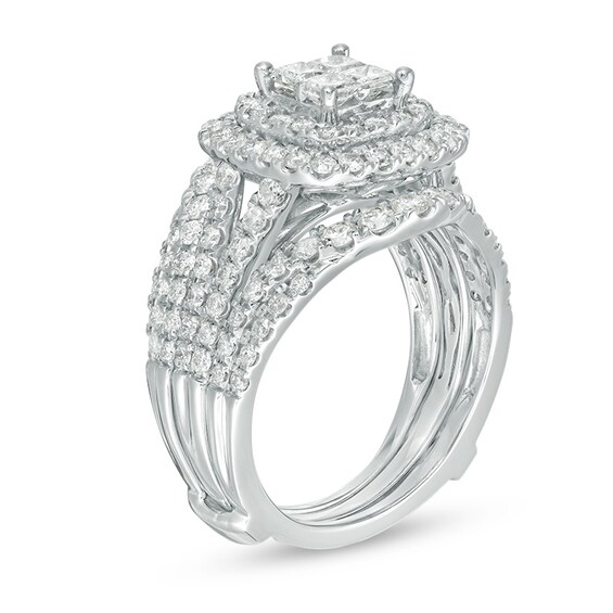 Previously Owned - 2 CT. T.w. Quad Princess-Cut Diamond Double Frame Bridal Set in 14K White Gold
