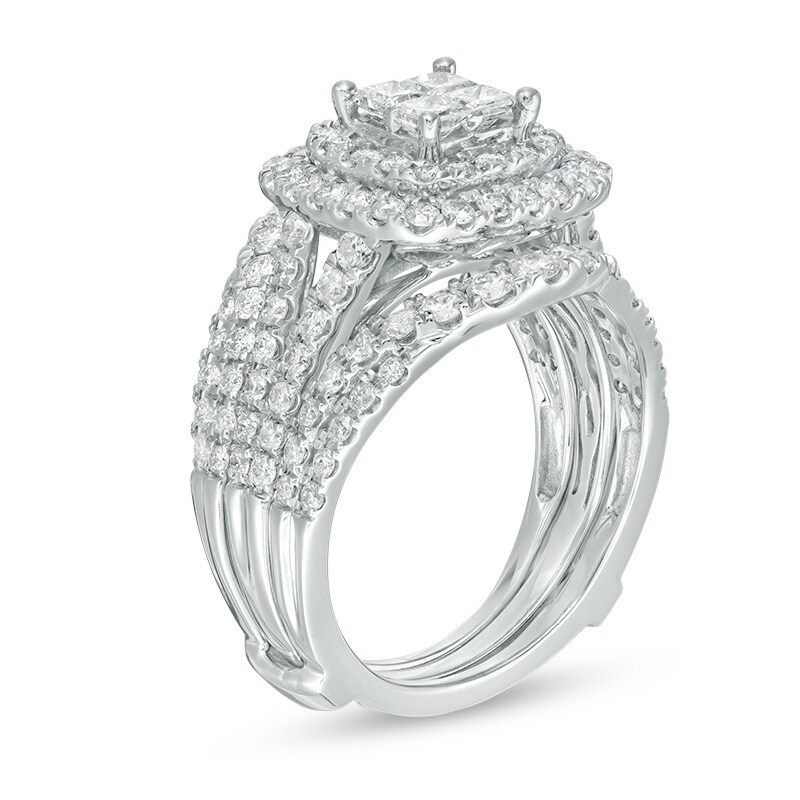 Main Image 2 of Previously Owned - 2 CT. T.W. Quad Princess-Cut Diamond Double Frame Bridal Set in 14K White Gold