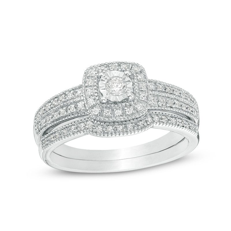 Main Image 1 of Previously Owned - 1/5 CT. T.W. Diamond Cushion Frame Vintage-Style Bridal Set in 10K White Gold