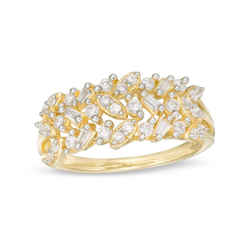 Main Image 1 of Previously Owned - 1/2 CT. T.W. Baguette and Round Diamond Multi-Row Geometric Ring in 10K Gold