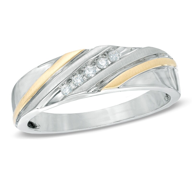Main Image 1 of Previously Owned - 1/10 CT. T.W. Diamond Slant Wedding Band in 10K Two-Tone Gold