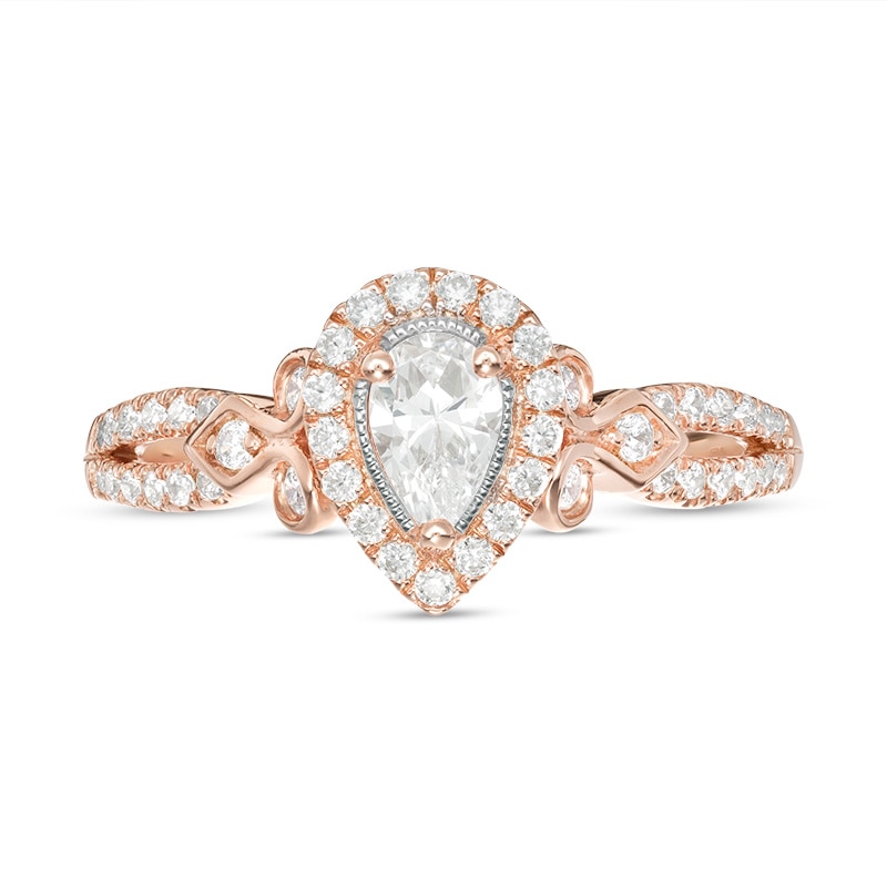 Main Image 5 of Previously Owned - 1/2 CT. T.W. Pear-Shaped Diamond Frame Tri-Sides Vintage-Style Engagement Ring in 14K Rose Gold