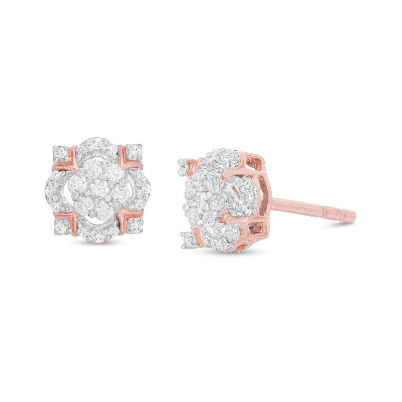Main Image 1 of Previously Owned - 1/5 CT. T.W. Composite Diamond Cushion Frame Flower Stud Earrings in 10K Rose Gold