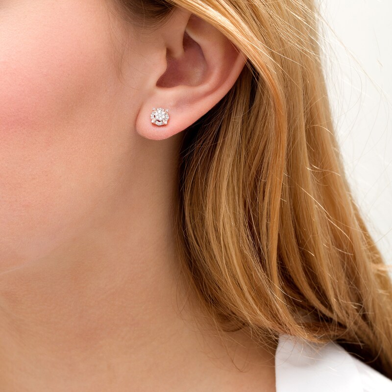 Main Image 2 of Previously Owned - 1/5 CT. T.W. Composite Diamond Cushion Frame Flower Stud Earrings in 10K Rose Gold