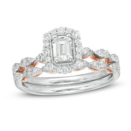 Previously Owned - Celebration Ideal 3/4 CT. T.W. Emerald-Cut Diamond Frame Bridal Set in 14K Two-Tone Gold