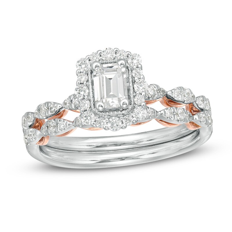 Main Image 1 of Previously Owned - Celebration Ideal 3/4 CT. T.W. Emerald-Cut Diamond Frame Bridal Set in 14K Two-Tone Gold